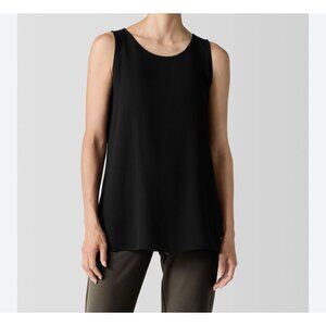 NWT $178 Eileen‎ Fisher XXS Black 100% Silk Georgette Crepe Round Neck Tank